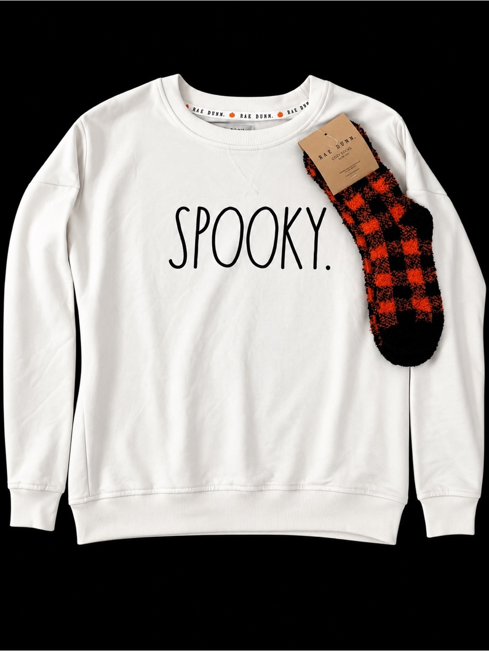 Rae Dunn White Sweatshirt with Black "SPOOKY." Lettering